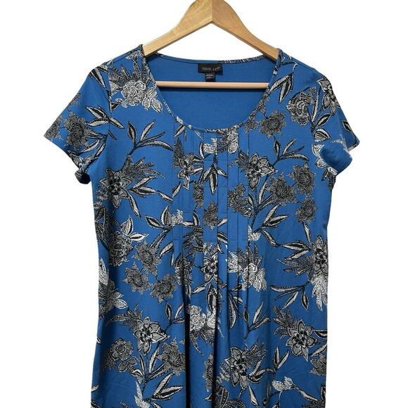 J. Jill Wearever Floral Pleated Front Shift Dress Size SP Blue Stretch Jersey - Picture 3 of 6